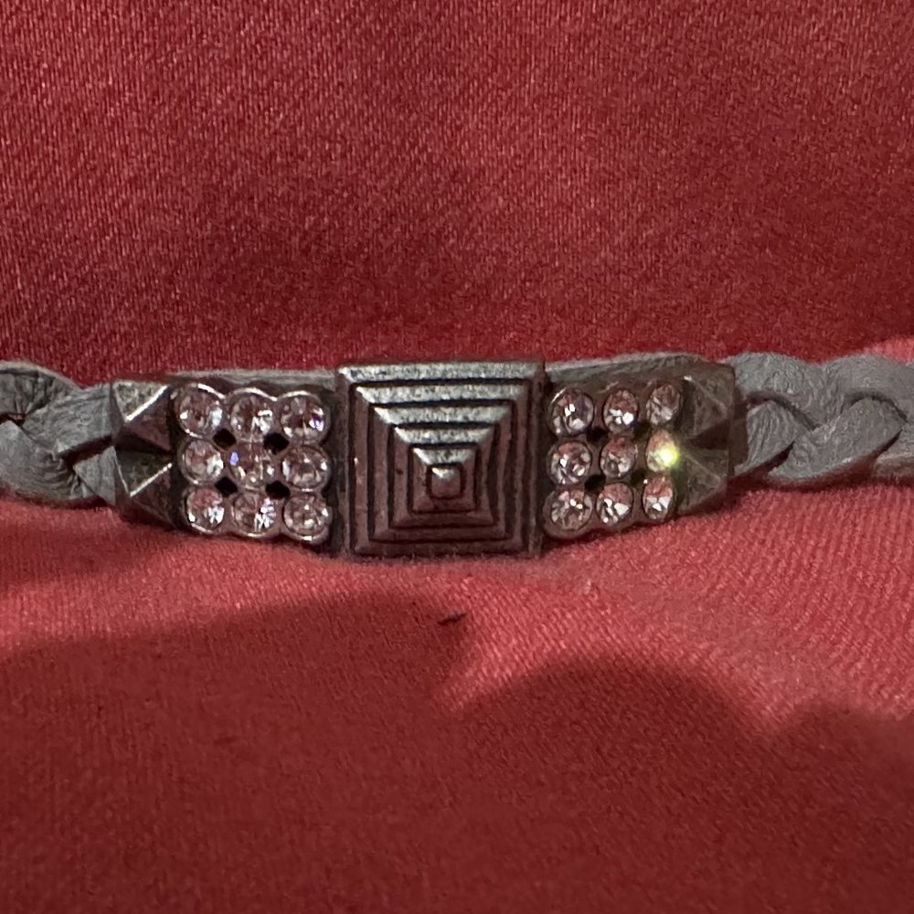 Lia Sophia Braided Leather-like Rhinestone & Square charm bracelet w/clip clasp